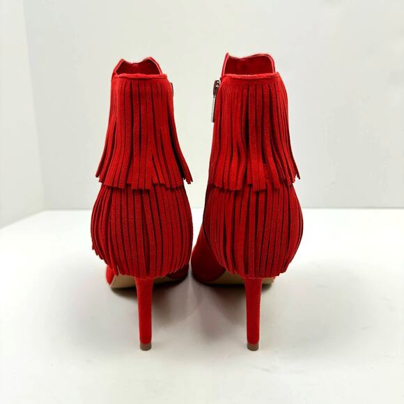 NEW Vince Camuto Amenala Bright Red Faux Suede Western Fringe Peep Toe Bootie - Picture 6 of 14